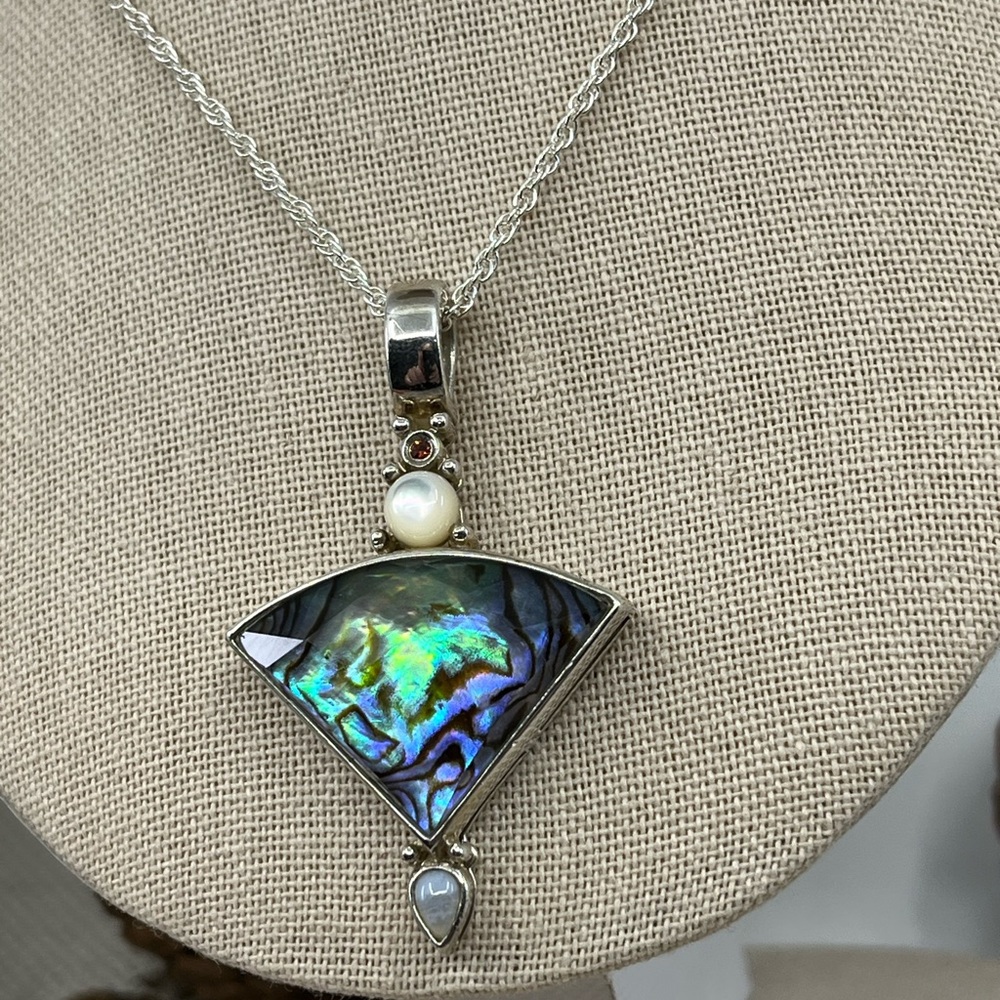 ✨ Abalone Shell & Gemstone Pendant – Sterling Silver Vintage Design - Picture 7 of 17